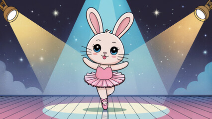 Cute cartoon illustration of a charming bunny ballerina performing gracefully on a stage beneath spotlights and starry night.