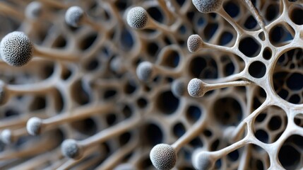 Microscopic view of organic network growing and expanding with spherical structures