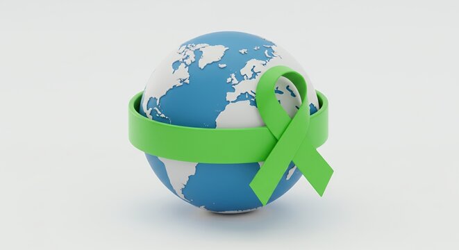 Earth Globe with Green Ribbon Symbolizes Global Awareness on White Background