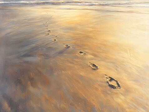 Footprints in golden wet sand along a serene beach at sunset with glowing reflections. - Powered by Adobe