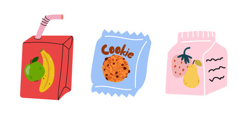 Children's snack at school. Vector kids school lunches cartoon stickers collection. Healthy and nutritional food meals. Juice, chocolate chip cookies, dried fruit