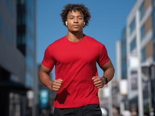 Young athletic man in a red t-shirt is jogging on a sunny urban street, showcasing fitness and determination while enjoying an active lifestyle in a vibrant city environment