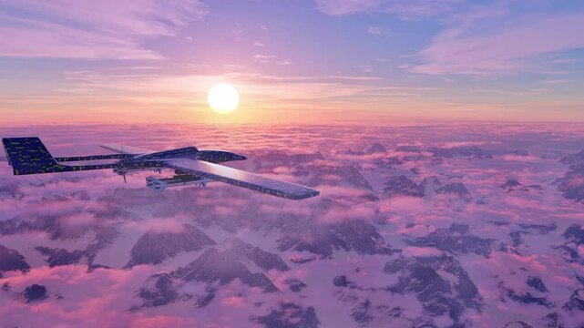 A camouflaged unmanned aerial vehicle, armed with precision-guided missiles, conducting surveillance on enemy positions below from an elevated vantage point above a mountain range at sunset.