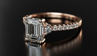 Close-up of a rose gold engagement ring with a large emerald cut diamond, accented by smaller diamonds