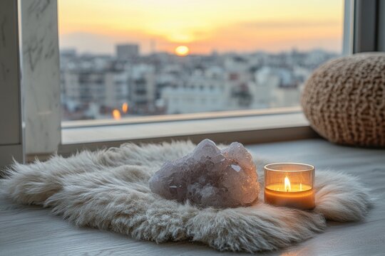 A calm evening setting with a large amethyst crystal, warm candlelight and cozy decorative textiles against the backdrop of a city sunset. With a sheepskin rug, it is the perfect setting for meditatio