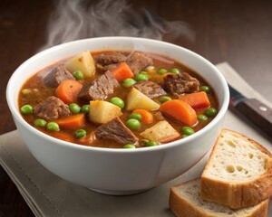 Warm Hearty Beef Stew with Potatoes and Carrots in a Cozy Kitchen Setting