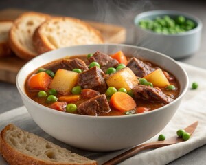 Delicious Beef Stew with Potatoes, Carrots, and Peas Served in a Cozy Kitchen Environment