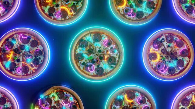Colorful neon pizzas arranged in a circular pattern with vibrant toppings.