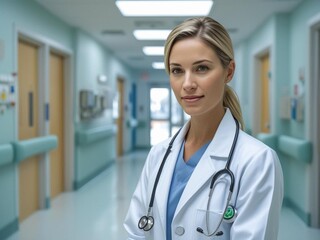 Female Doctor in White Lab Coat Standing in Bright Hospital Corridor