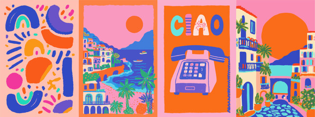 Summer vector set of european mediterranean summer scenes. Hand drawn style holiday backgrounds