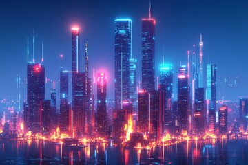 Obraz premium futuristic skyline glowing with digital connections representing a smart city of the future, Generative AI