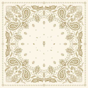 Bandana Print. Hops Rabbit space uranus bandana. paisley seamless pattern. flowers, hops, rice, star. cream and gold colors pattern template. Silk neck scarf or kerchief square pattern design.