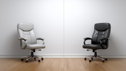Two office chairs in contrasting colors placed in a minimalist workspace