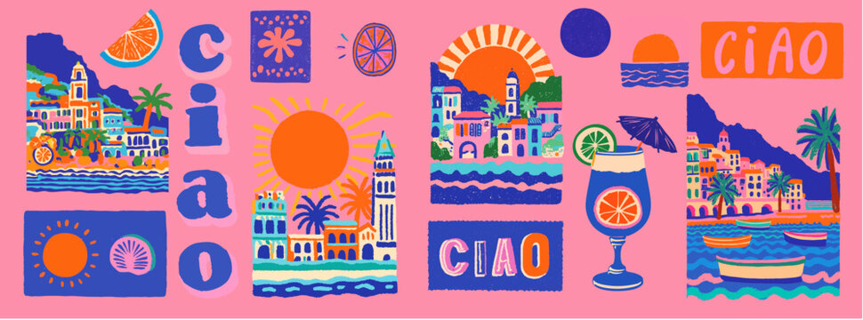 Summer vector set of european mediterranean summer scenes. Hand drawn style holiday backgrounds - Powered by Adobe