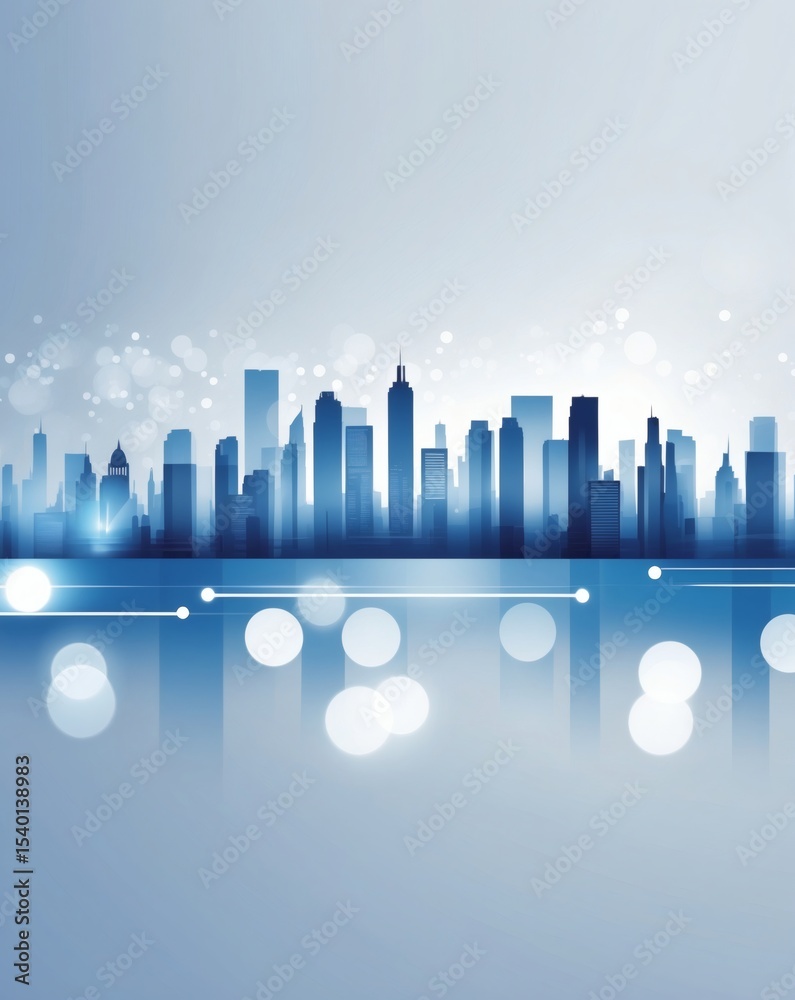 Poster an abstract skyline silhouette in blue and white, with shimmering bokeh effect in a modern style