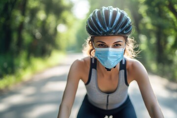 Cyclist Mask. Sport Cyclist Woman Bike Riding with Covid-19 Face Protection in Summer Fitness Activity Outdoors