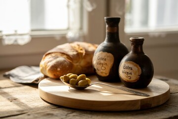 A photograph of a rustic wooden table displaying a collection of artisanal ingredients
