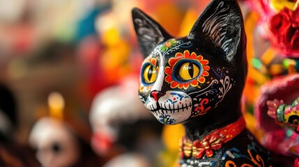 Day of the Dead Cat. Authentic Cat Sugar Skull Display in Colorful Celebration