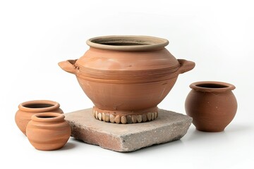 high detail visual of pot clay and clay stove on white background