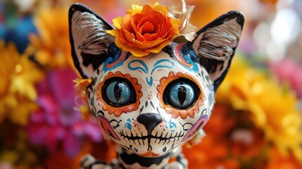 Day Of The Dead Cat - Authentic Cat Sugar Skull Closeup at Colorful Celebration Display