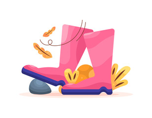 illustration of boots stepping on a rock and grass. safety shoes. autumn shoes. fallen leaves blowing in the wind. flat style design. asset elements