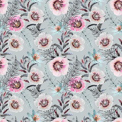 Seamless colorful retro floral pattern. Cream, pink flowers on a gray background.