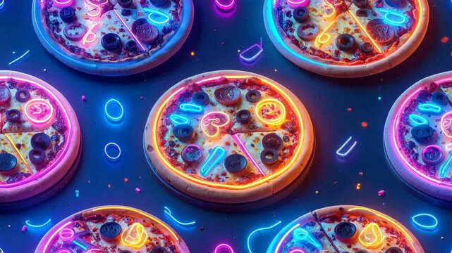Colorful neon pizzas on a dark background, glowing with vibrant pink, blue, and orange lights.