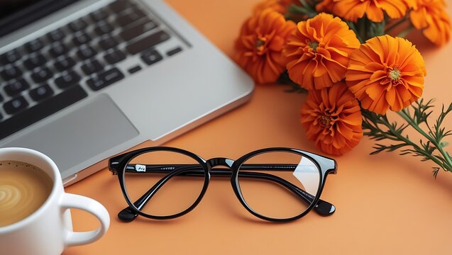 Modern Workspace with Laptop Coffee Black Glasses and Orange Flowers