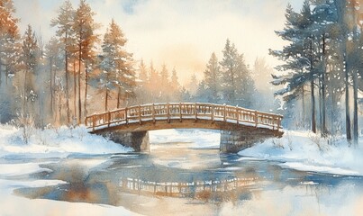 scenic watercolor painting of a winter village covered in snow, with softly glowing streetlights at dusk, Generative AI