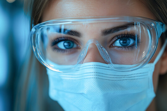 Doctor wearing face mask and eye protection, ideal for healthcare and hospital safety concepts