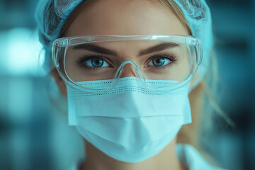 Surgeon in protective mask and goggles, perfect image for medical safety and hospital procedures