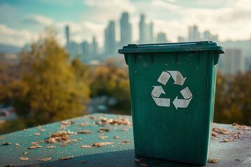 Recycling in the city, green bin with skyscrapers behind, perfect for eco campaigns and urban life