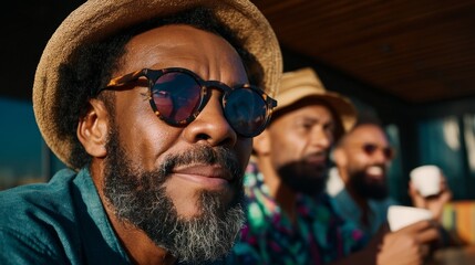 "Man sitting at an outdoor table wearing sunglasses, a beard, and hat."
