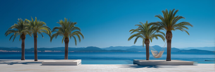 Mediterranean Palm tree. An image to recreate a relaxing and bucolic vacation scene, disconnection, joblessness, an idyllic setting.