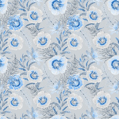 Seamless monochrome retro floral pattern. White, blue flowers on a light gray background.
