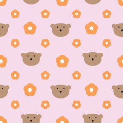 Cute seamless pattern with bear faces and orange flowers on pink background. Perfect for kids fabric, nursery design, or baby products. Simple and adorable animal-themed pattern.