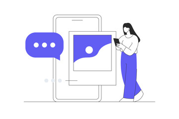 Social media and email promotion. Woman Character integrating with social media platform and planning marketing strategy. Business and marketing. Flat Cartoon Vector Illustration, icon. Stylish web