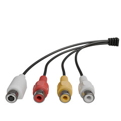 A close-up shot reveals a black composite video cable with four RCA connectors white (audio left),...