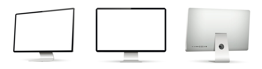 Realistic computer screen mockup. Computer display on three sides with blank screen. Front and back view of computer display.