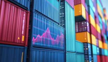 Fototapeta premium Stacked shipping containers, financial chart