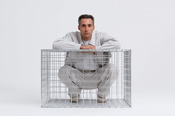 Caucasian male adult squatting in metal cage against plain background