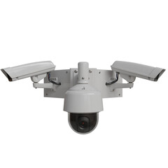 A white, three-camera security system; two rectangular cameras flanking a central dome camera, all...