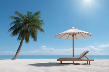 Tropical beach scene with palm tree, umbrella, and clear blue sky