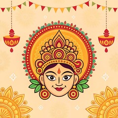Durga Puja Festival Background with Goddess Durga Hands, Trident and Hindi Text Maa meaning Goddess Durga/Mom for Indian Religious Festival Durga Puja or Navaratri. Line art Vector Illustration.