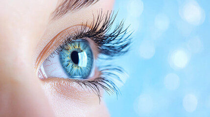 Naklejka na ściany i meble Close up blue eye with long eyelashes, natural skin, eyebrow, and soft bokeh background, futuristic digital feel