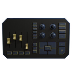 A dark-grey, octagonal-edged audio mixer features four faders, four rotary knobs, numerous buttons,...