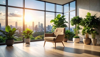 Sunset Cityscape View from Modern Apartment with Indoor Plants
