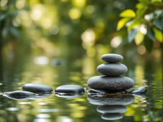 Illustration of zen stones with soft water ripples and green nature in the background. Light bokeh, eco tones, and gentle contrast make it perfect for wellness, spa design, or nature-themed wallpapers