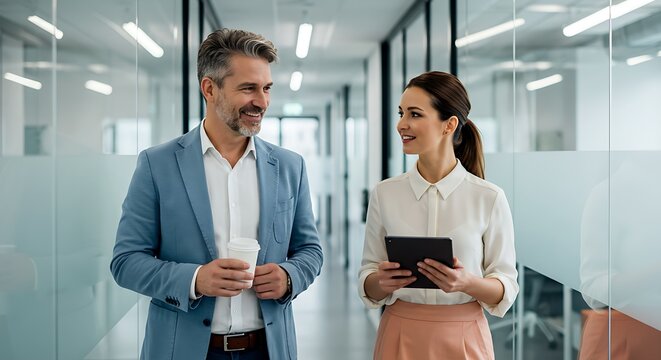 Caucasian man and woman in smart casual attire brainstorming ideas for a new project using a tablet, standing in a modern workplace with blurred background.
