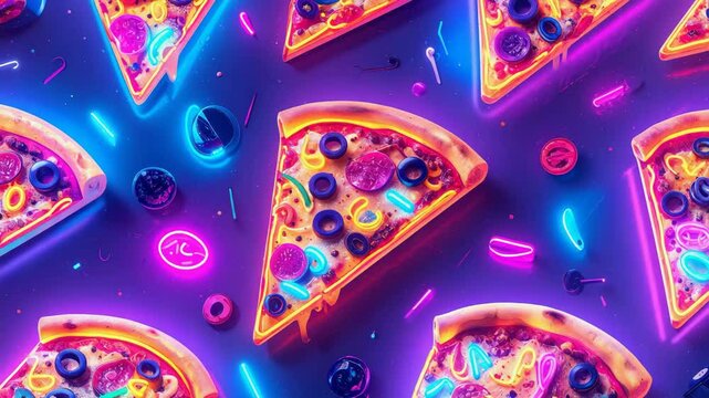 Delicious pizza slices with neon lights creating vibrant culinary scene.